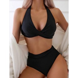 2024 Women's European and American Swimsuit Split Two Piece Set, Solid Color Sexy High Waist Hanging Neck Multi Color Bikini