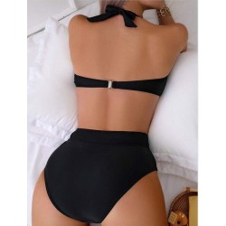 2024 Women's European and American Swimsuit Split Two Piece Set, Solid Color Sexy High Waist Hanging Neck Multi Color Bikini